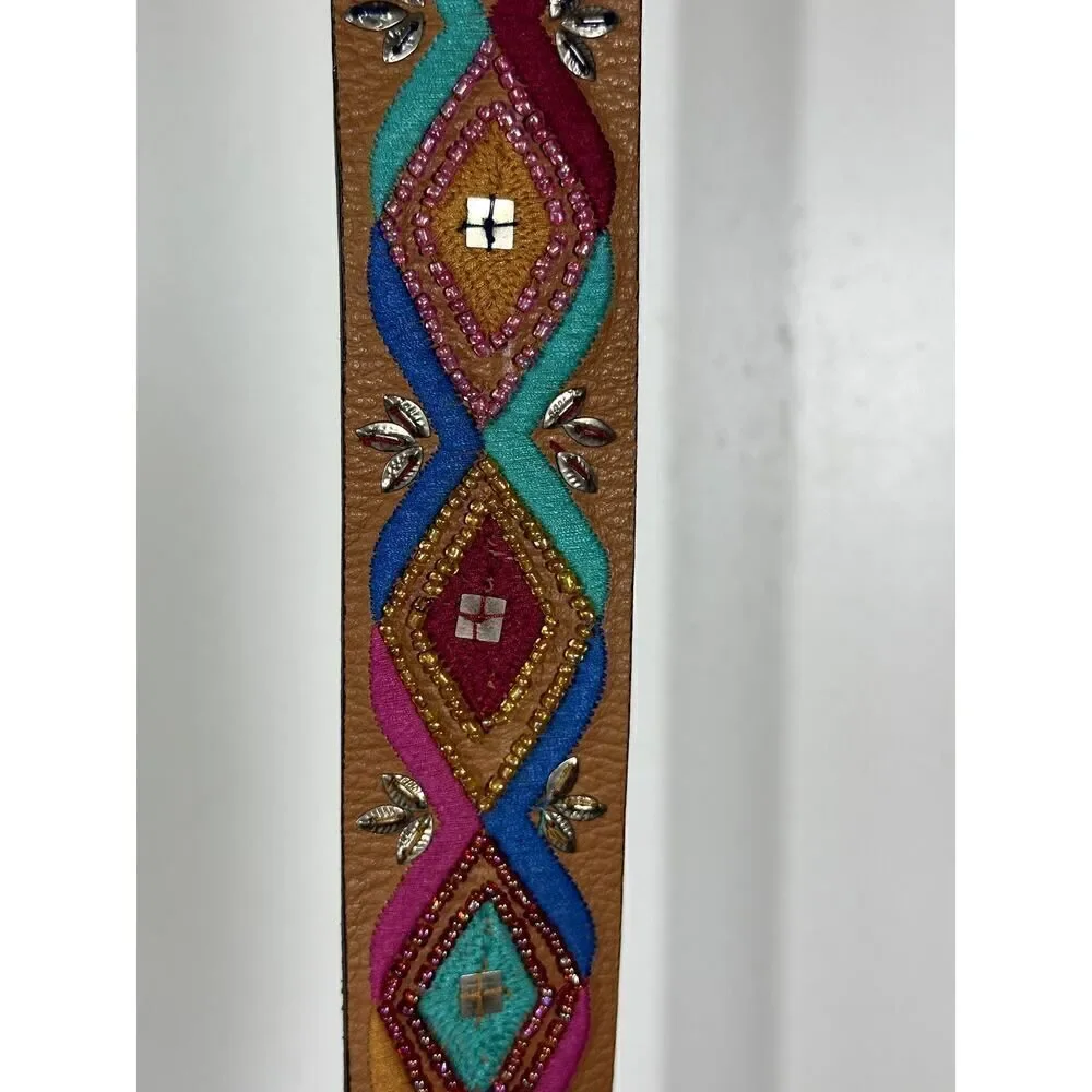 CHICO'S Women's Embroidered/Beaded Wide Leather Bohemian Belt Brown Size Large